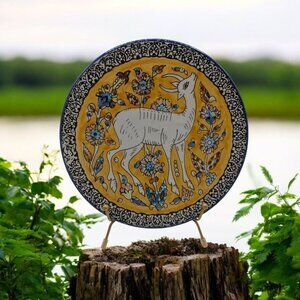Decorative Ceramic Plate Tile Deer & Floral Yellow Blue Armenian? 9in